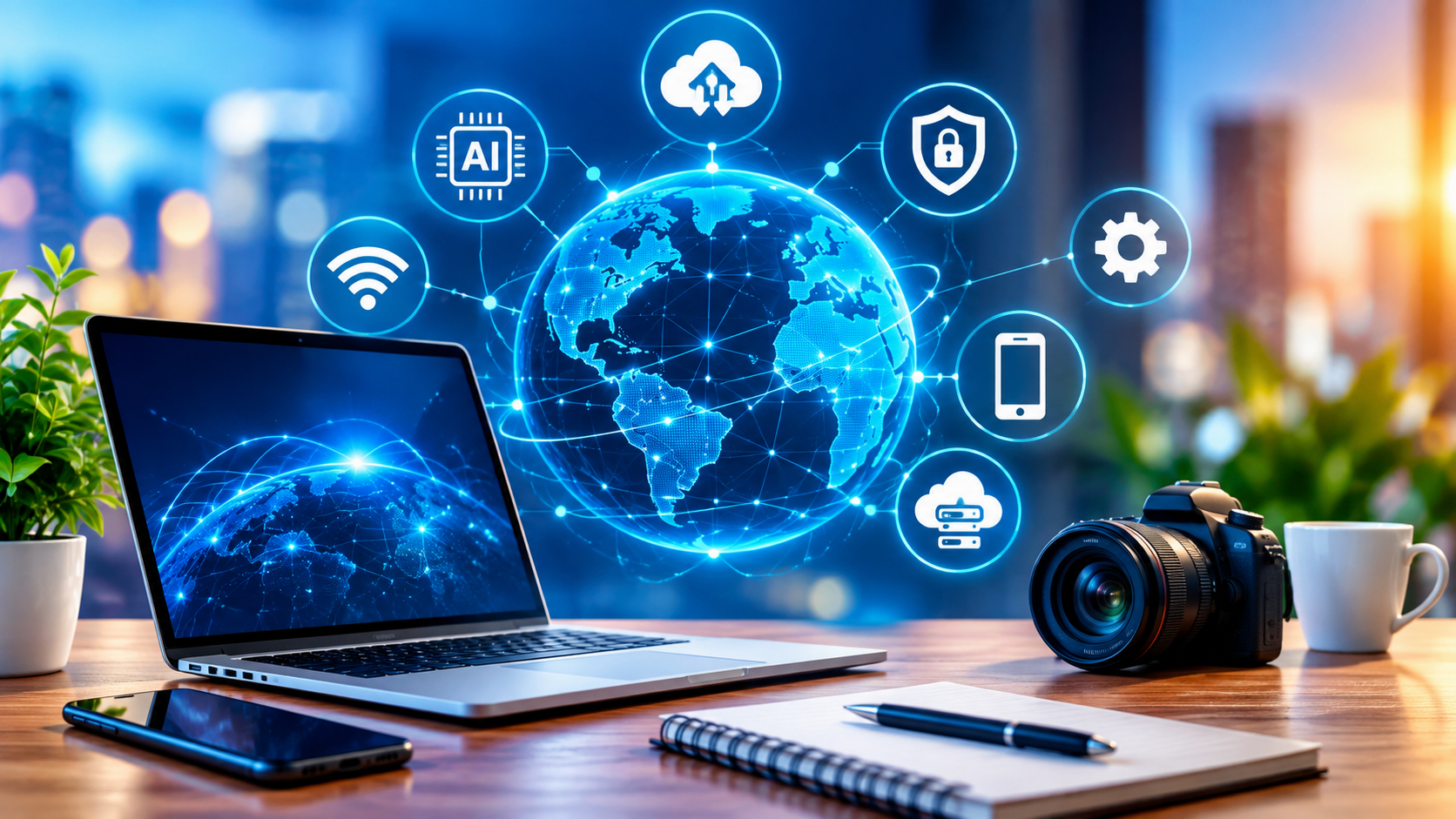Modern technology workspace featuring AI, digital globe, laptop, smartphone, cybersecurity and cloud technology